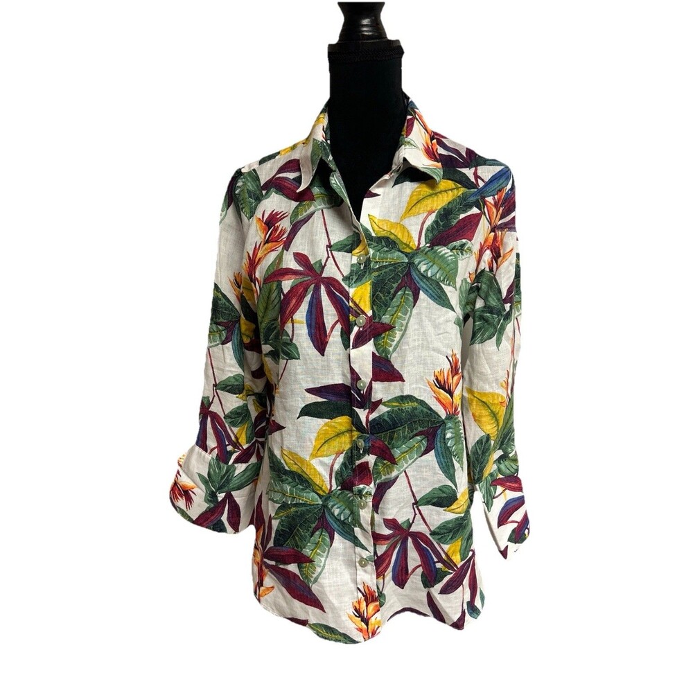 Chicos Size 1 US 8 Womens Tropical Top 100% Linen Floral Button Up 3/4 Sleeves